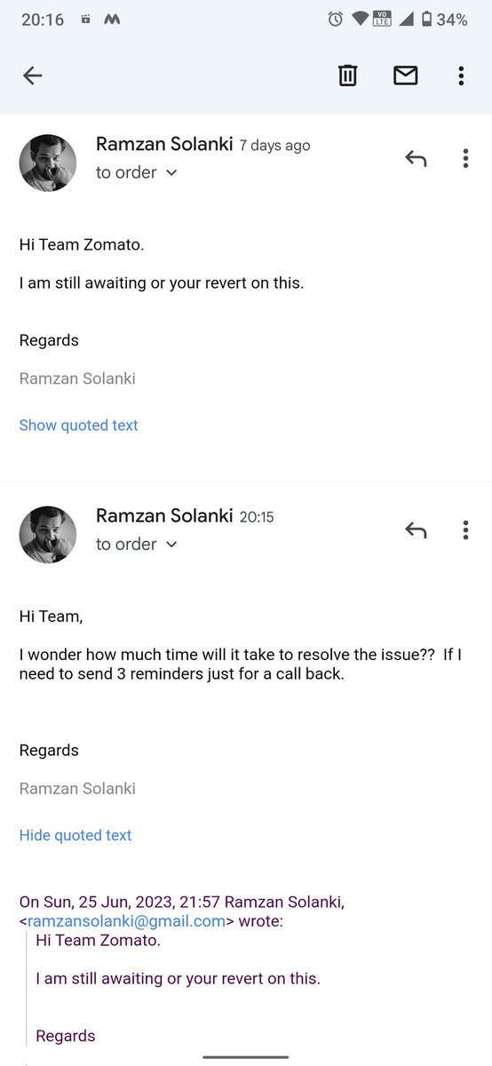 Rv_619's tweet photo. @zomatocare I am hoping to get a call soon after twitting my issue here. Coz you guys don't understand simple email request which I've been following up since 24th June.

@zomato @MiraBhayanderKr
@mymirabhy

Refer to my attachments. https://t.co/ONsMhmV7x9