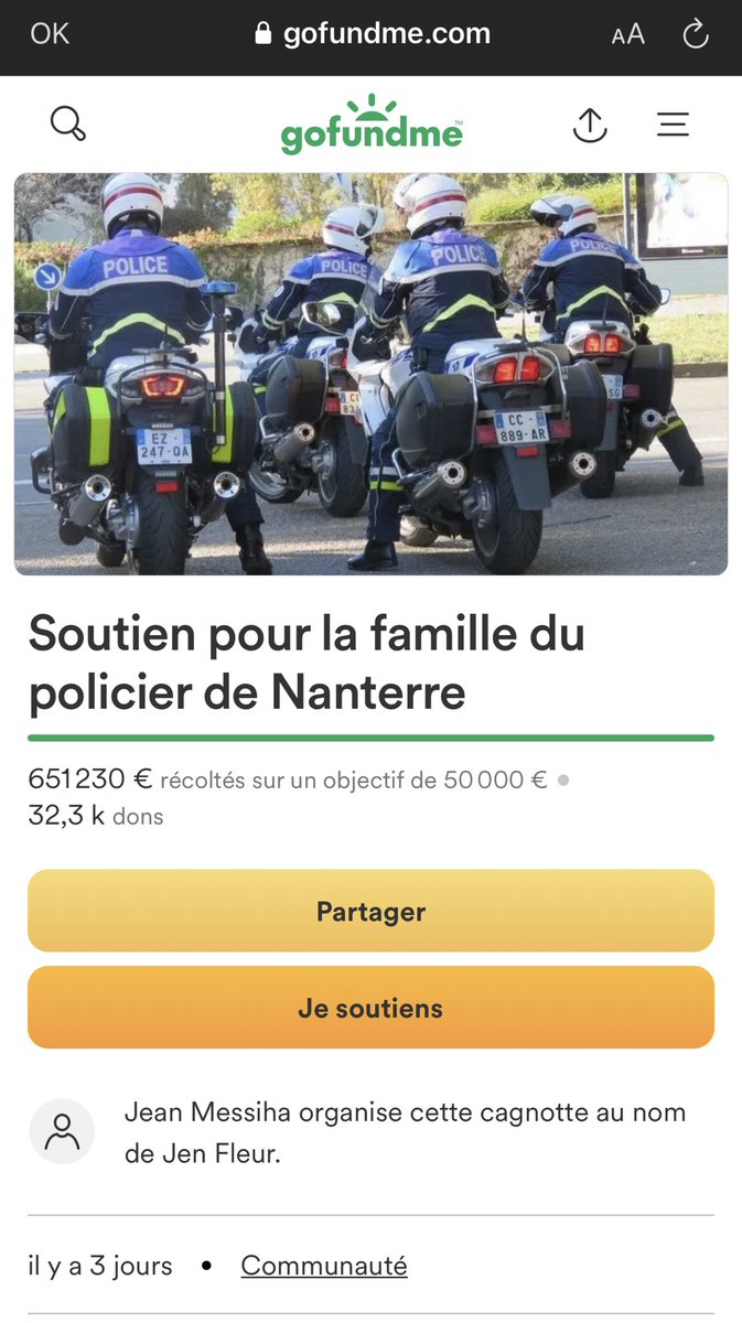 ⚠️ BONNE NOUVELLE ⚠️

Grâce à votre soutien et à votre générosité, la cagnotte mise en place pour soutenir la famille de notre policier Florian M. arrive dans le top 5 des plus grosses cagnottes du monde.

Seule celle en faveur des kangourous en Australie arrive devant nous 😃
