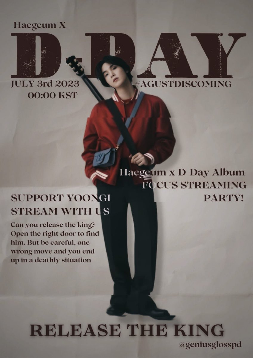 geniusglosspd's tweet photo. RELEASE THE KING! | STREAMING PARTY!

#AGUSTDISCOMING #Agustd #SUGA 

Do the tasks, find the king and release him. 

You can’t quit! You are his only hope! 

https://t.co/1b8sEbyZXy https://t.co/ZCp1ycEztH