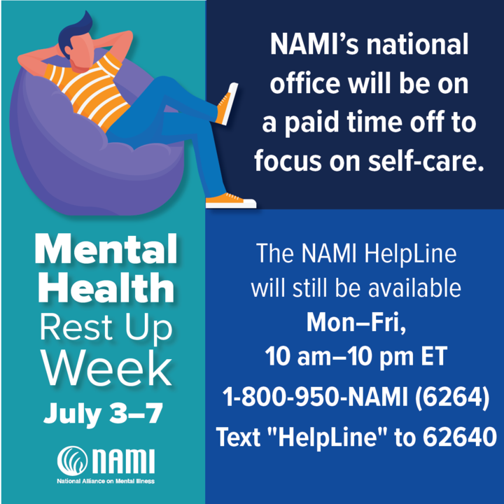 NAMICommunicate's tweet photo. ⭐ NAMI's Rest Up Week is here ⭐ We believe that supporting our employees' mental health is crucial. That's why we're taking a week-long break to recharge and rejuvenate. We won't be responding to emails or calls during this time, but our HelpLine remains open. #RestUpWeek https://t.co/ejNVVWDtD4