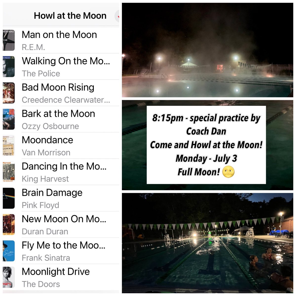 flyingfishheads's tweet photo. 🌕 Coach Dan has prepared a special music themed workout for tomorrow at 8:15pm! Our full moon swim is tomorrow (Monday - July 3) night! At 8:15pm We will swim to music and have some Full Moon beer when we are done. (And moon pies) https://t.co/q1ktLhtmGs