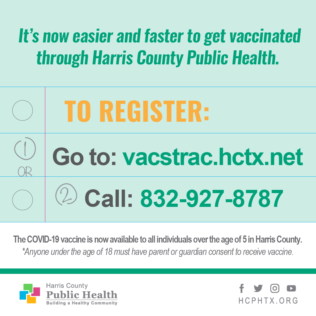 Getting vaxxed is easy as 1-2-3 at Harris County Public Health.
1. Be six months old or over 
2. Visit vacstrac.hctx.net to find a location near you or call 832-927-8787 if you need assistance
3. #GetVaxxed