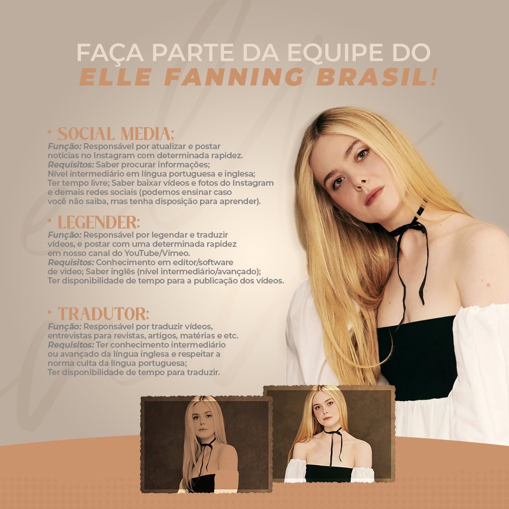 ellecentral's tweet photo. 🚨 O EFBR abre vagas para a nossa equipe. Se você ama a Elle Fanning e gostaria de fazer parte do primeiro e único portal brasileiro para a atriz, entre em contato via DM. https://t.co/GQqgMGhM44