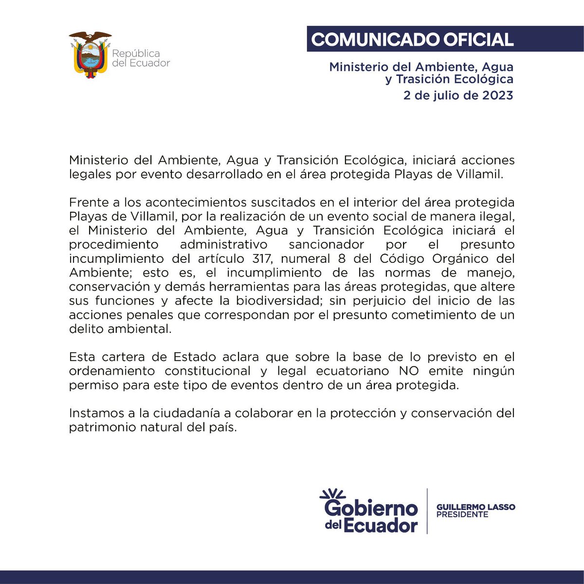 ja_davalos's tweet photo. 📄COMUNICADO | Frente al evento ilegal en Playas Villamil actuamos de manera oportuna, movilizamos personal de @Ambiente_Ec que actuó en colaboración con @goberguayasec, sin embargo, ante prácticas amedrentadoras de los organizadores no podemos exponer la seguridad de nuestro personal, a pesar de ello, no permitiremos este tipo de prácticas al margen de la ley, y se realizará el proceso sancionatorio correspondiente, sin perjuicio del proceso penal por el presunto cometimiento de un delito ambiental.