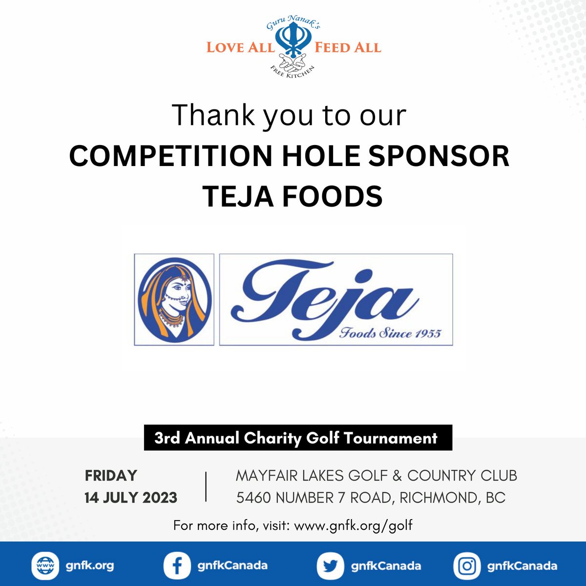 gnfkCanada's tweet photo. We offer deep thanks to @FoodsTeja and @nicolawealth, competition hole sponsors for our 3rd Annual Golf Tournament! 🙏 💙

#CharityGolf #CommunitySupport #GNFKCanada #GNFK #LoveAll #FeedAll #Golf #GolfVancouver #MayfairLakeGolf https://t.co/j6pMcP6HkF