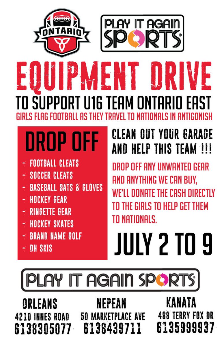 PIASOrleans's tweet image. Donate your unwanted Used Sports Gear this week to help send U16 Girls Flag  @FootballOntario East Team to @FootballCanada Nationals in Antigonish! 

@ctvottawa 
@CTVOttMornLive 
@CBCOttawa 
@REDBLACKS