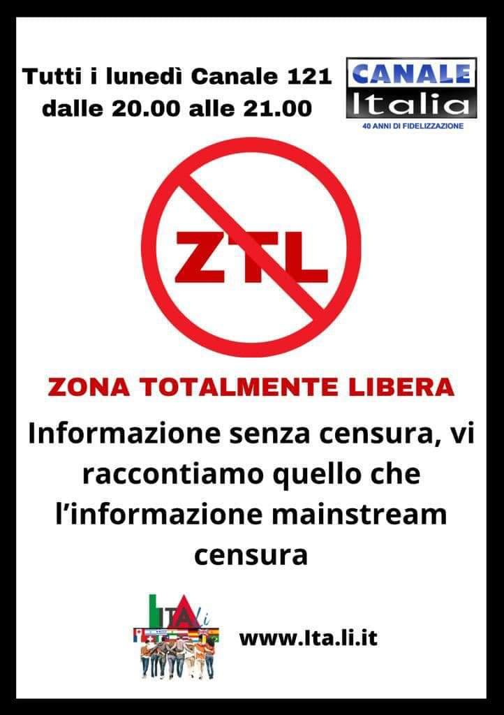 #ZTL ('Zona totalmente libera') ogni lunedì dalle 20 alle 21 al Canale 121 del DT è il nuovo PROGRAMMA #TV promosso dall’Associazione #ItaLi (#ItalianiLiberi) con la collaborazione di tanti gruppi dell'area del #dissenso e della resistenza di tutta #Italia, incluso il 
#CoPiDU.