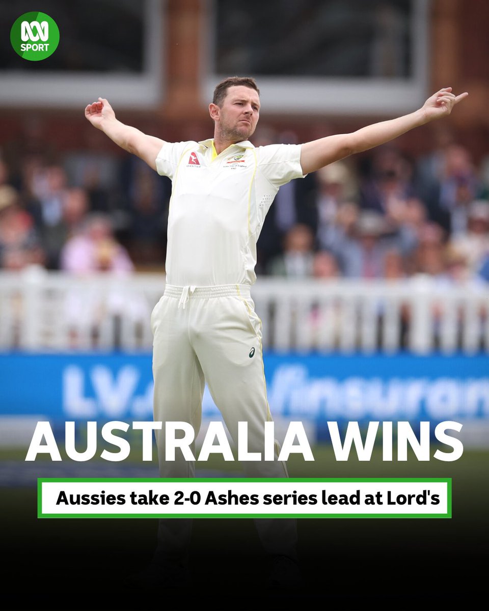 abcsport's tweet image. 🏏⚱️ Nothing beats the drama of an Ashes Test.

🇦🇺 That just about had it all. Australia take a 2-0 lead in the series after a 43 run win at Lord's.

Live blog: ab.co/3pEprNk
Listen live on ABC Listen: ab.co/3ZNQin6
#ENGvAUS #Ashes