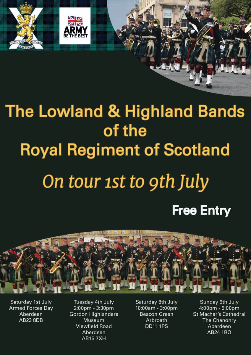 We are looking forward to performing at @stmacharscath on Sunday 9th July alongside our friends in the Highland Band. Music to include, military marches, show tunes and film scores, we hope to see you there 🎵
@6SCOTS @The_SCOTS