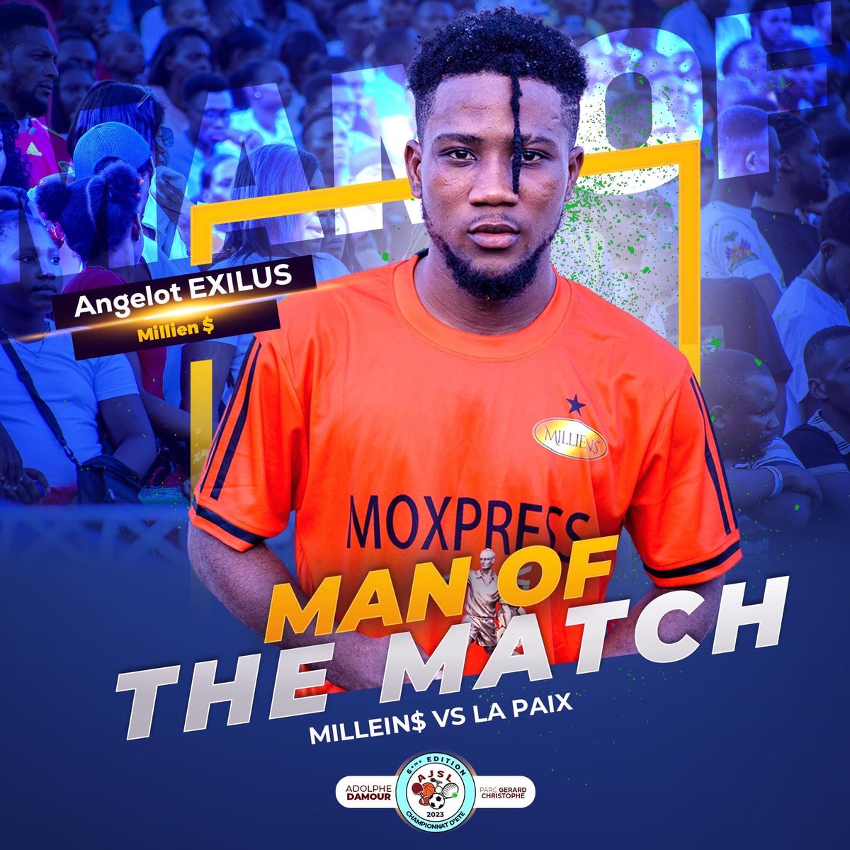 l_moncher's tweet photo. #AJSL: Angelot EXILUS devient joueur « Héroïque » en marquant le but de la victoire de son équipe et le 1er de tte l’histoire de la 6e édition du #championnat d’été au PGC de Léogâne. Le pionnier de #MILLIEN$ a charmé le public et est consacré « Man OF The Match » pr sa prouesse. https://t.co/q4Oz2JGozl