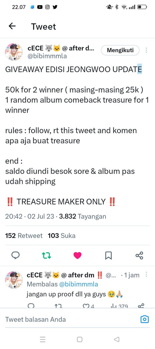 pyaapyaavv's tweet photo. @bibimmmla Ga ush ditnya lagi. Jjur mau bilang terima kasih sma mereka.. treasure bener" ngehibur aku dan treasure maker lainnya. Entah itu dri tingkah member dan yg pasti musik" yang treasure bawain tu bener" bikin happy banget walaupun ada yang galau. Tpi happy lah tetep. TREJO SARANGE🤍 https://t.co/J9sefhfelv