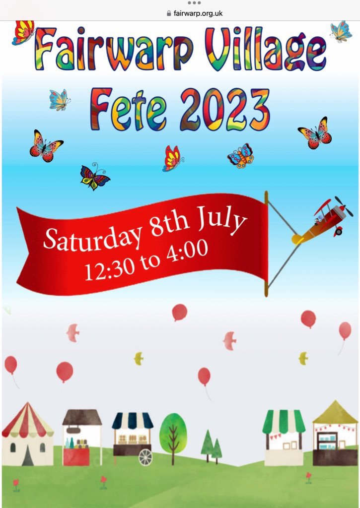 It’s our #FairwarpVillageFete next weekend
A quintessentially #British tradition where people come together to celebrate everything family, fun, playful &amp; competitive in the Arts &amp; Crafts tent, The Cake tent, tug of war Villagers vs Pub, #PunchAndJudy etc! 
A superb afternoon out