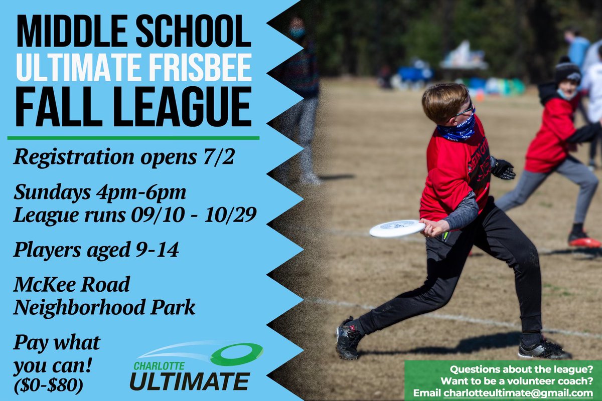 Are you a Middle School student looking to play more ultimate during the fall? Middle School Fall League registration is now open! 

🔗 Check out charlotteultimate.com to register!