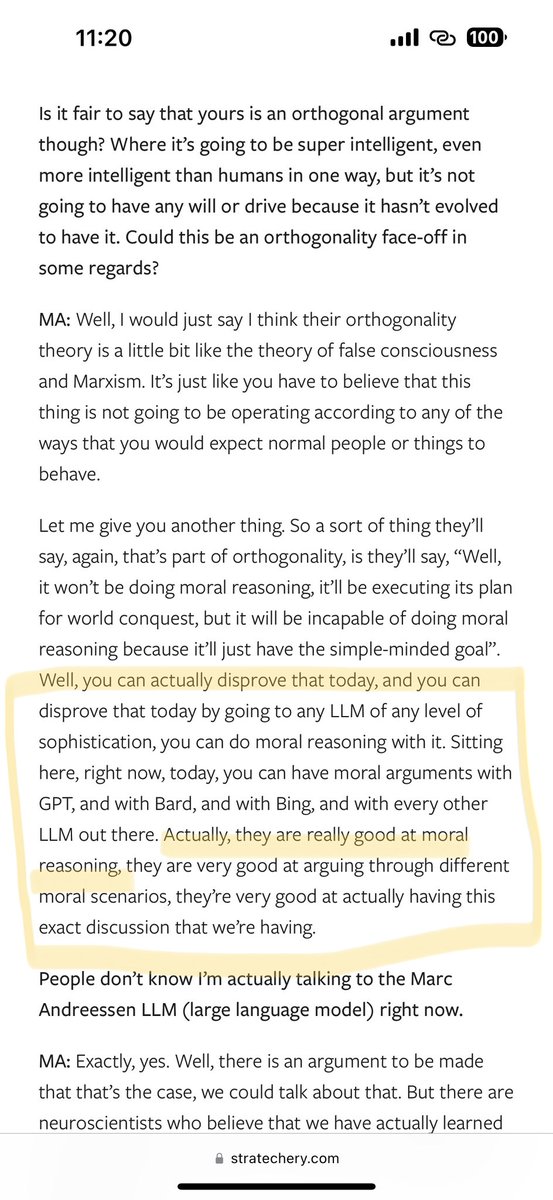 Well don’t I have news for you <a href="/pmarca/">Marc Andreessen 🇺🇸</a> <a href="/benthompson/">Ben Thompson</a>.

Our recent work shows moral reasoning is among the worst performing tasks for language models. I have countless examples showing how discussing moral scenarios goes horribly wrong.

arxiv.org/abs/2306.14308