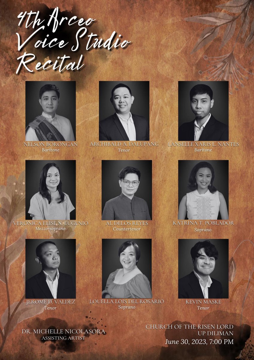 aleronchoir's tweet photo. We congratulate our singers for their recently-concluded voice recital, last June 30 and July 2, with Arceo Voice Studio 👏🏻
Kevin Maske
Jerome Valdez
Xaris Nantes
Archi Dalupang
Jed Marcelo
Ryan Arcolas
#Aleron #Aleron2023 #AllMaleChoir #PhilippineChoir #vocalperformance https://t.co/6B9prHEoYn