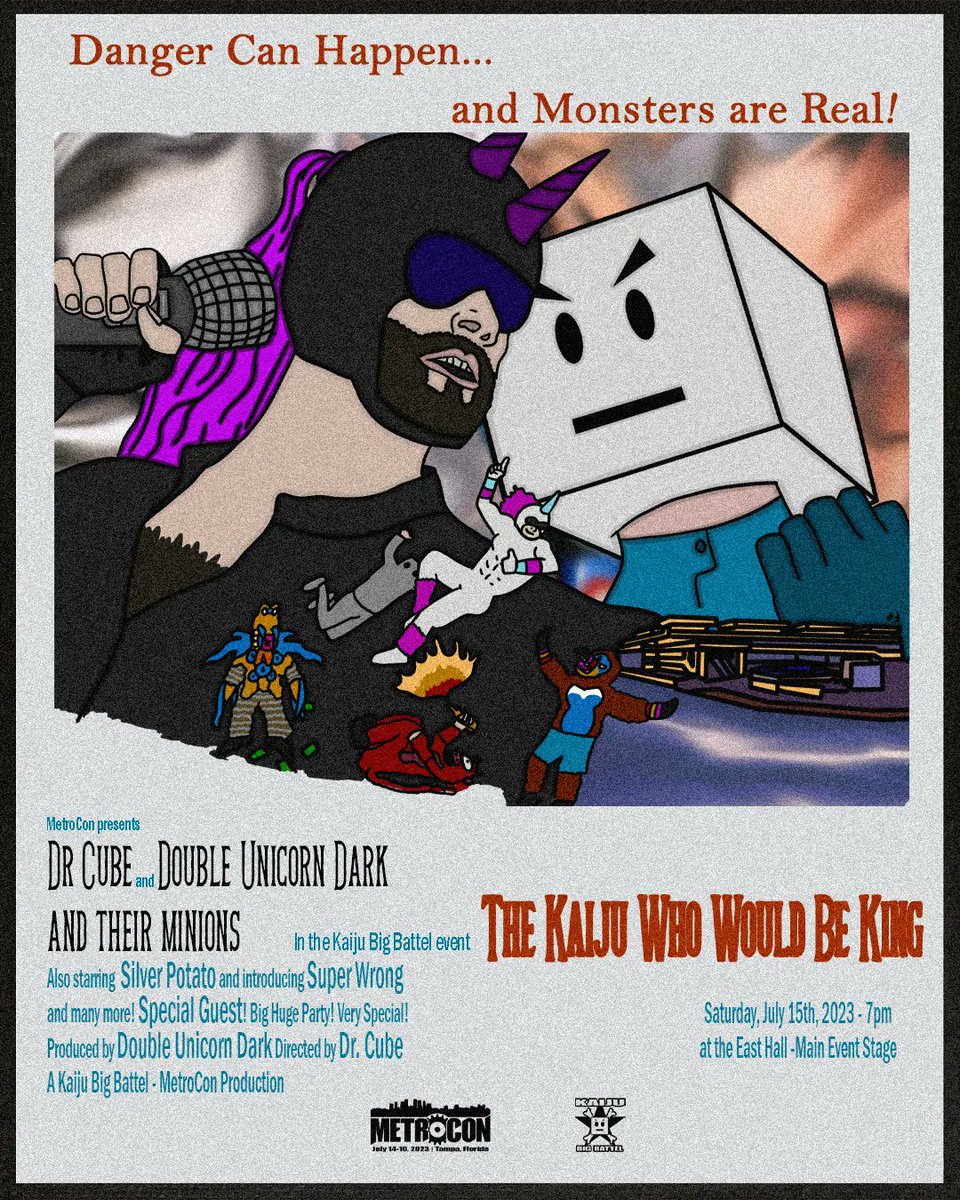 John_Ex_Machina's tweet photo. Don't miss the excitement and mayhem as @KaijuBigBattel returns to @METROCON_FL on July 15th at 7!

THE KAIJU WHO WOULD BE KING
#metrocon #kaijubigbattel #wrestling https://t.co/K75Pmi43D0