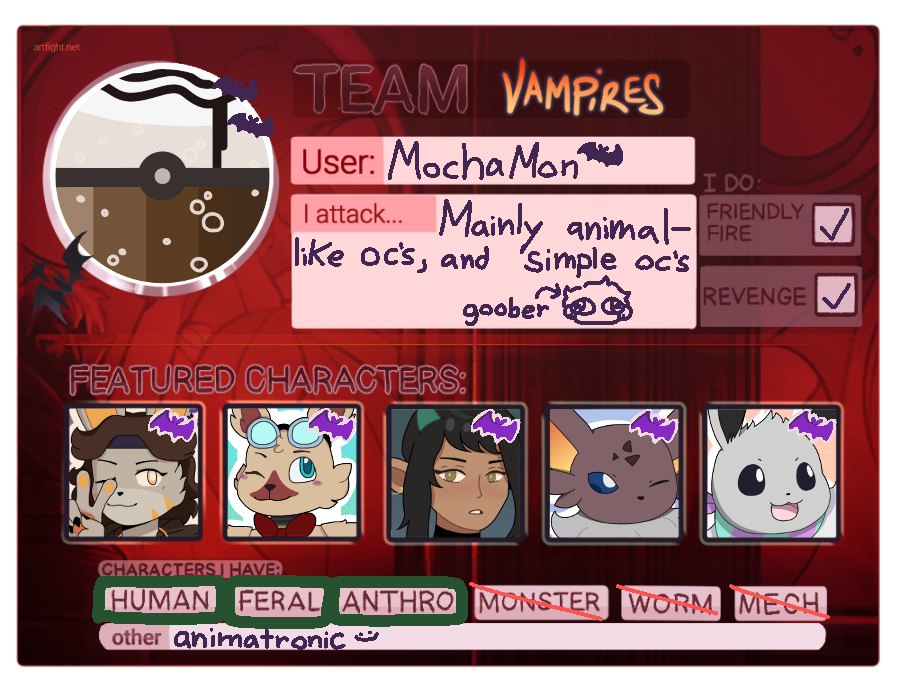 M0chaMon's tweet photo. thought i'd show my artfight card :) go team vampires!
https://t.co/qpocN8U42P https://t.co/3JlUB947T7
