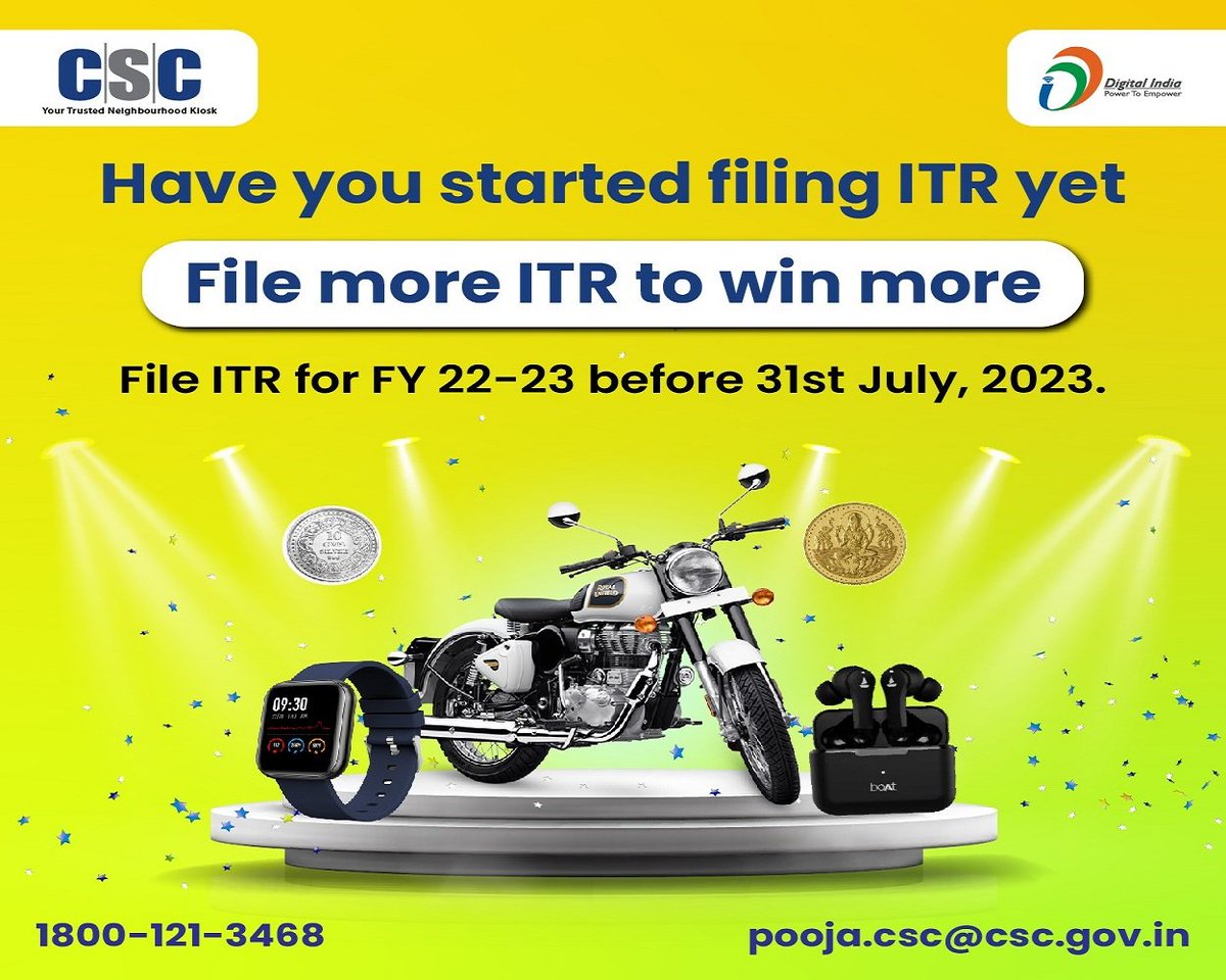 virat_nv's tweet image. Dear

All @CSCegov_ VLEs

Hurry up !!

Have you Started Filling ITR Yet
File itr For 22-23 before 31St July 2023 !!

More Information please e-mail to us
pooja.csc@csc.gov.in

@cscfinancial_ 
@sanjaykrakesh 

#ITR2023 #tax2win 
@tax2win #CSC