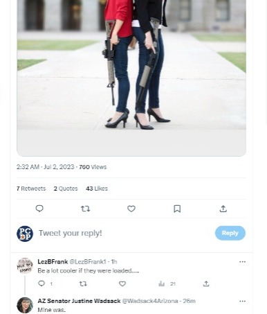 PimaDems's tweet photo. True to form; this untrained, never served a day in her life, gun idolizing, #Uvalde "False Flag" - conspiracy barking bozo - trotted around the AZ State Capitol with a loaded weapon. Law Enforcement and Military professionals recoil at this dangerous lack of discipline. VOTE THESE NUTS OUT.