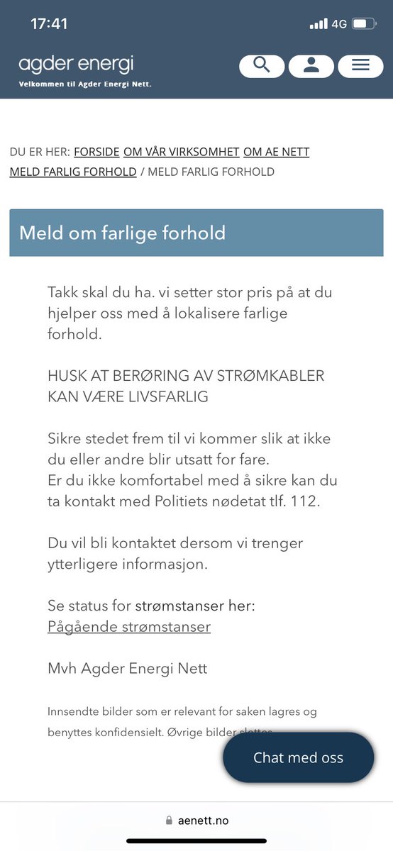 Hei <a href="/Agder_Energi/">Agder Energi</a> og <a href="/TelenorNorge/">Telenor Norge</a> . Det henger et tre i linjene deres mellom påle 83 og 84 på Vestre Sandøya, Tvedestrand kommune. Treet henger over Østegårdveien. Kjekt om dere kan ta dere bryet å fjerne det.  Ps. Agder energi dere har fått epost gjennom rett kanal om dette.