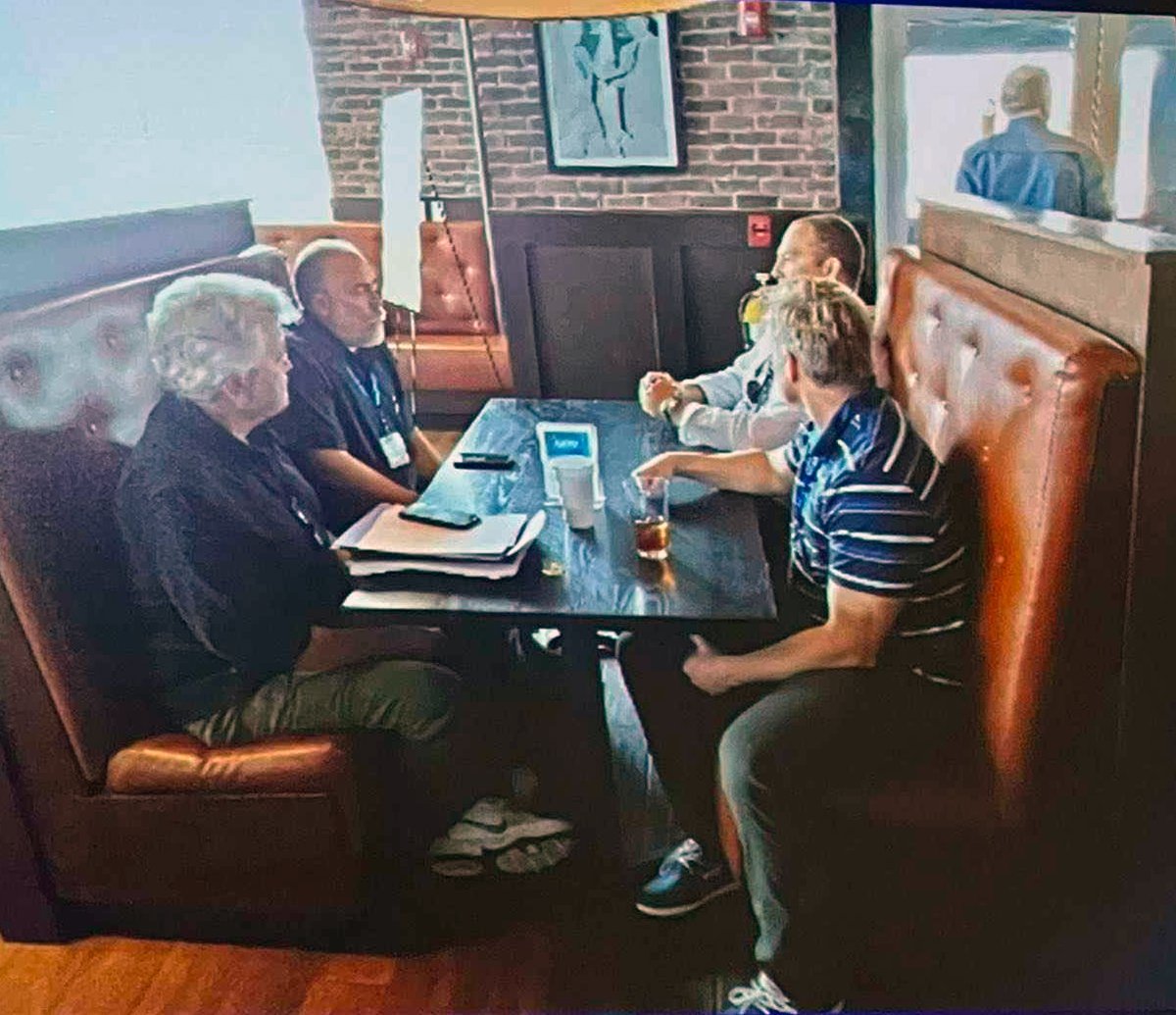 MiddleOfMayhem's tweet photo. Photo of "UFO Whistleblower" David Grusch with Jay Stratton, Travis Taylor and George Knapp at a UFO conference in June 2022. 

All 3 are heavily involved with Skinwalker Ranch folklore, which includes killer poltergeists, scary werewolves and interdimensional monsters.

Stratton claims poltergeists and werewolves haunt his home and Taylor (a series regular on "Ancient Aliens") claims a Skinwalker poltergeist decapitated one of his chickens.

https://t.co/s035Xbl4O1

Knapp, a longtime UFO celebrity, has written 2 evidence-free books about Skinwalker Ranch, a supposed hotspot for UFOs, ghosts and goblins.

https://t.co/pVcYVpmkwf

Grusch worked with Stratton and Taylor at the Pentagon's UAP Task Force, where it's reported they missed Chinese spy craft for years because they unsurprisingly only saw "UFOs".

https://t.co/mtarFbPrEU

Source of photo is from a presentation at the Roswell UFO Convention, happening this weekend: https://t.co/D48I9gxaDM