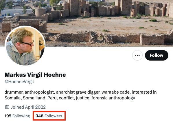 thebhlub's tweet photo. You're a war profiteer.

Pre LA conflict: ~300 followers.

Now: ~8k followers, a +2000% gain + media appearances etc.

You milked the LA conflict for social currency &amp; relevance. Without that you’d go back to being a racist ibnu xaaran known only for the ugly #CadaanStudies saga. https://t.co/mhhnCGCpiu