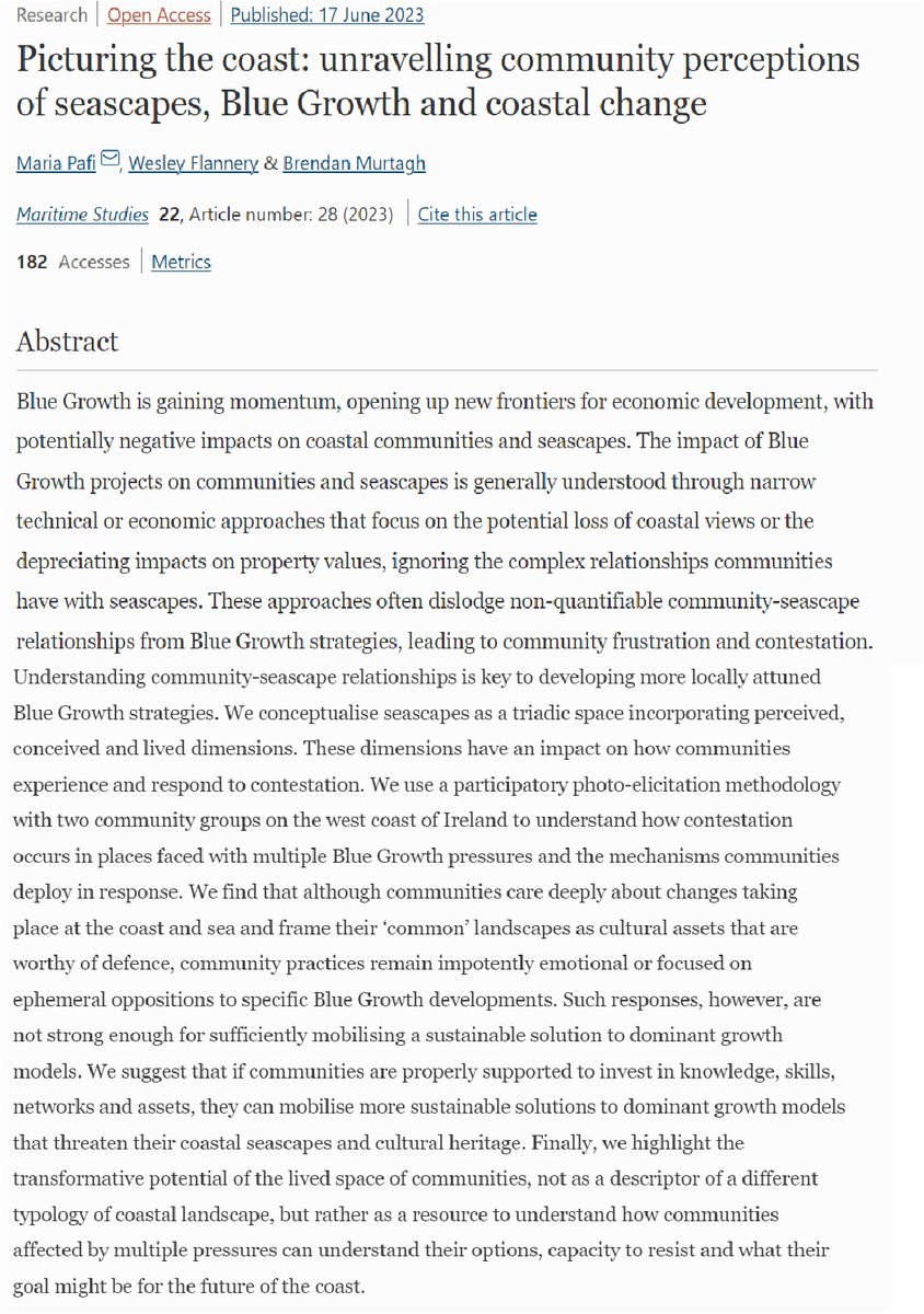 Happy to co-author this #OpenAccess paper with @WesleyFlannery & B.Murtagh @PlanQUB. We discuss how contestation occurs in coastal places faced with #BlueGrowth pressures. Available: bit.ly/447kITz. Just on time to celebrate that #Maritimestudies got an impact factor!!!