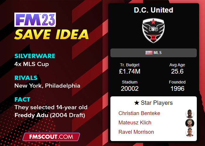fmscout's tweet photo. #FM23 Save Suggestion: @dcunited⚫️🔴
 
🚩 Founded 29 years ago, D.C. United compete in the MLS where they dominated the first few years. It's the 1st team of FM icon Freddy Adu. 🥹

🔮 Predicted to finish 28th in FM23

😎 Can YOU lead them back to glory &amp; win their 5th MLS Cup? https://t.co/xxmsPGfwWi
