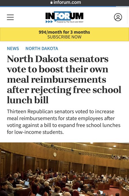 highbrow_nobrow's tweet image. North Dakota Republicans:   

1. Voted against providing free school lunch for children.    

2. And then voted for boosting their own meal reimbursements.