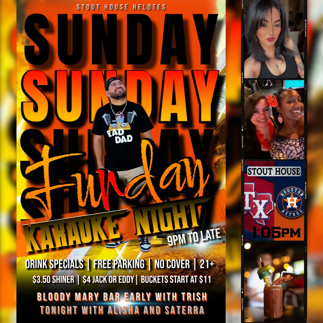 Sunday Funday at Stout House Helotes! Join Trish for Bloody Mary Bar and kickstart your day. Later, enjoy a Karaoke Party with Saterra, Alisha, and Mikey J around 9:30PM! Don't miss out on our drink specials!#stouthousesa