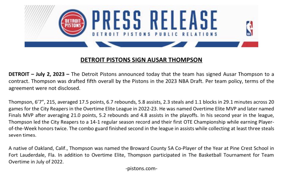 The @DetroitPistons announced today that the team has signed Ausar Thompson to a contract. Thompson was drafted fifth overall by the Pistons in the 2023 NBA Draft. Per team policy, terms of the agreement were not disclosed.