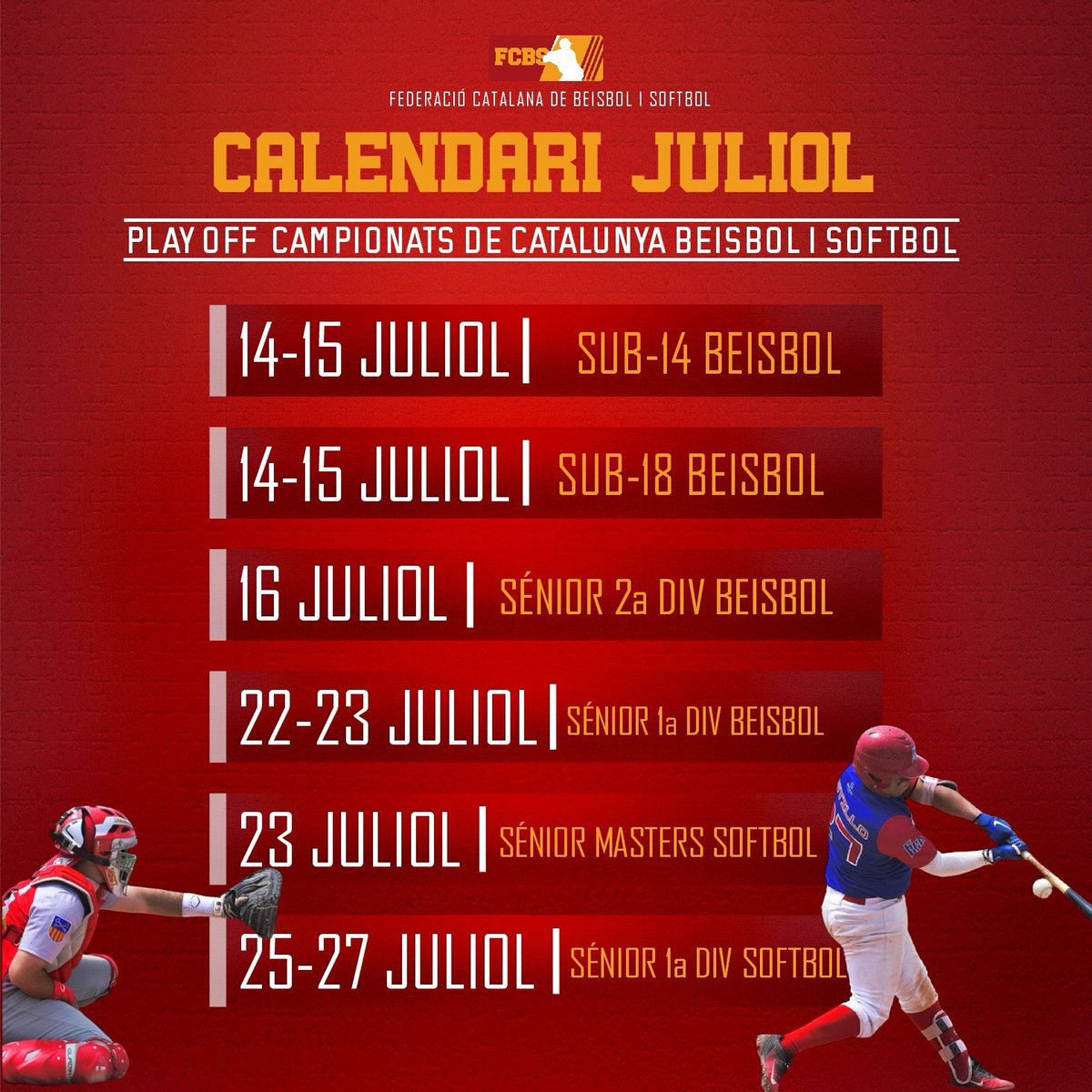 ⚾️ JULIOL 🥎

🥎 Setmana Catalana de l’Esport
⭐️ Catalunya International Softball Cup
⚾️ Europe-Africa Little League
🏆 Playoffs finals Campionat de Catalunya