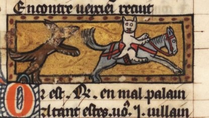 #FolkloreSunday 
Tybert - the 'Prince of Cats' is a mischievous trickster, who has many adventures according to medieval texts - but his greatest enjoyment comes from outwitting his adversary Reynard the Fox.
#Tybert [#Tibert #Tybalt] #RomanDeReynart 
#MedievalManuscripts