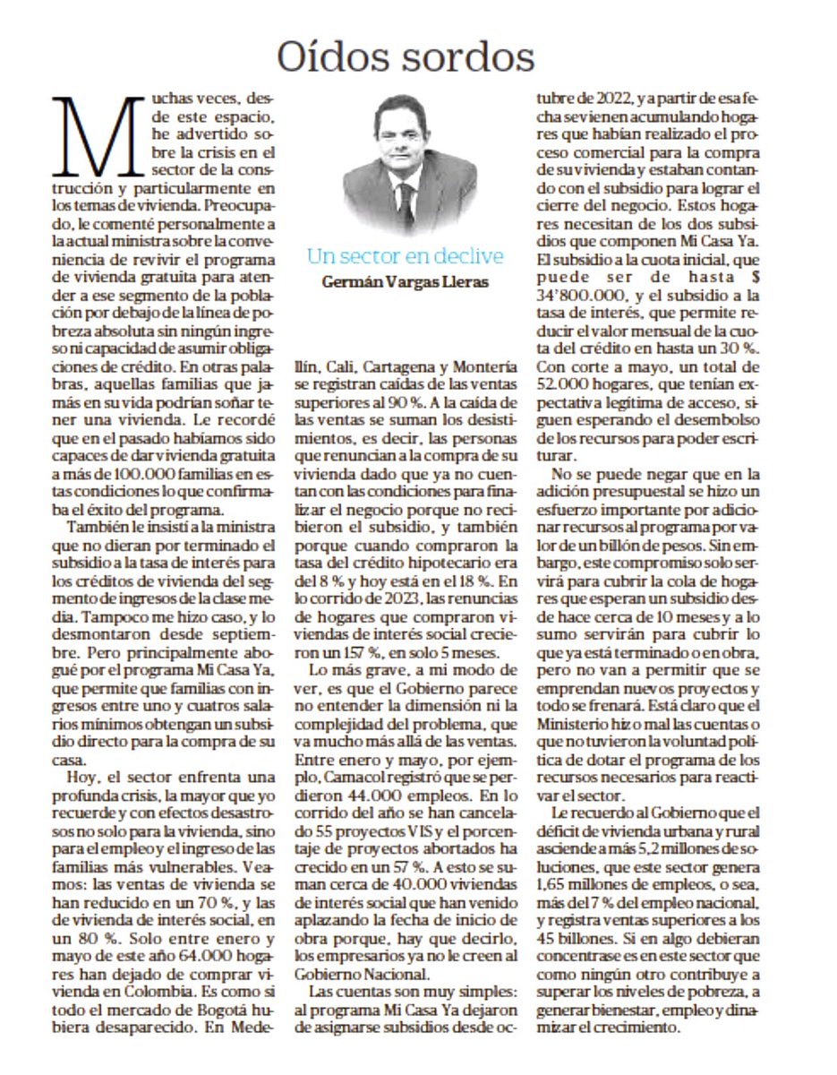 dona_pily2's tweet photo. Acabar con el sector de la construcción: pierden los colombianos que soñaban con su casa propia, pierde Colombia.
#OidosSordos la columna de Germán Vargas Lleras.
@German_Vargas
https://t.co/aXSyLR8AdF https://t.co/LCkjBucjaz