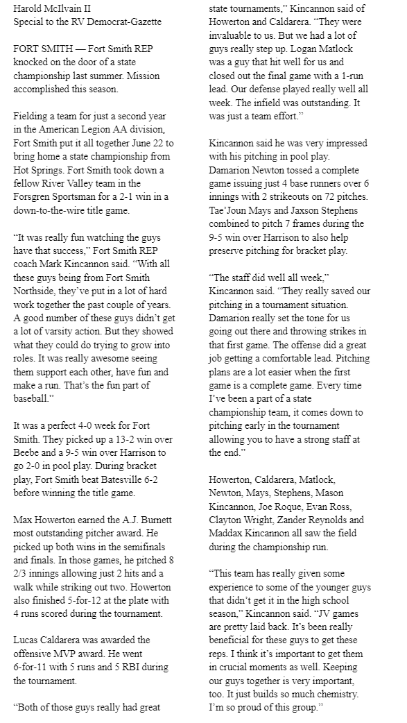 American Legion notebook ⚾️📒

"It was really fun watching the guys have that success. With all these guys being from Northside, they’ve put in a lot of hard work together the past couple of years."

<a href="/NFSM_REP/">North Fort Smith - REP</a> used a complete team effort to win a state title
#PrepRally #ARpreps