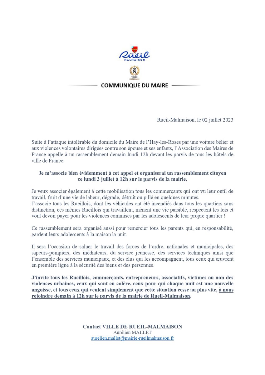villederueil's tweet photo. [COMMUNIQUE DU MAIRE DE LA VILLE DE RUEIL-MALMAISON] https://t.co/EZSj1PsK4J