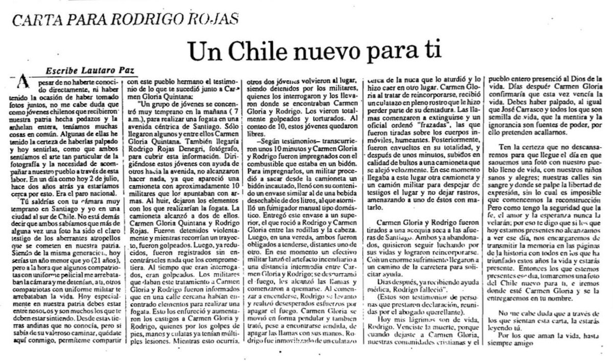 pedroluisfull's tweet photo. “Para que nadie pierda la memoria, porque soy parte de esta historia”.
Carta a Rodrigo Rojas, escrita por un joven estudiante de periodismo, publicada el 2 de julio de 1988 en el diario La  República de Lima, Perú. https://t.co/Q2O5Vgr8Vx