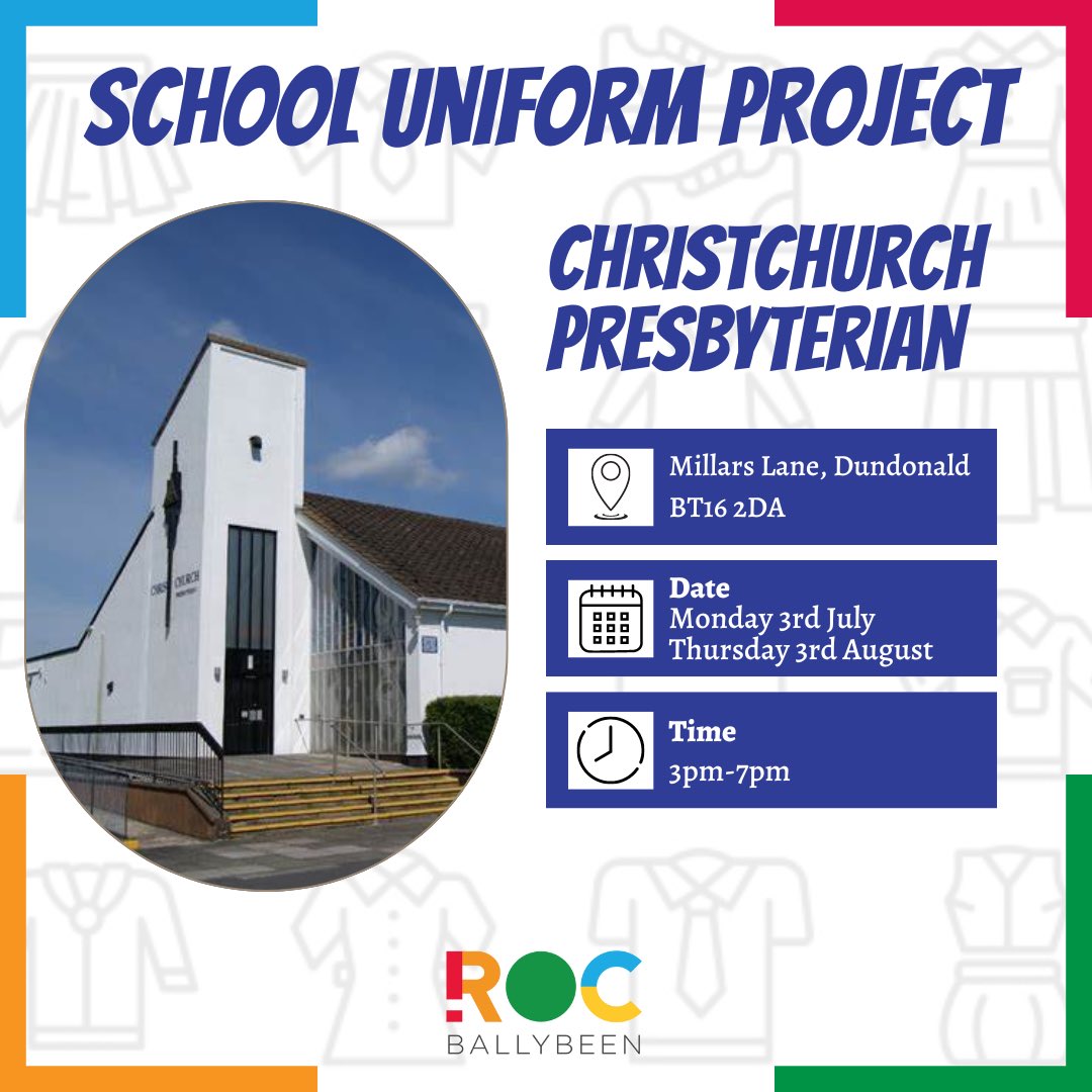 ROC_NI's tweet photo. The first collection day for this years #schooluniformproject is happening tomorrow from 3pm-7pm in Christ Church Presbyterian, Dundonald!
If you are in need of new or good quality preloved uniform items for nursery, primary and post-primary schools then make sure you come along! https://t.co/JxmqmimSEi