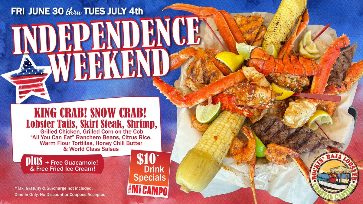 RockinBajaGL's tweet photo. The Rockin’ Independence Weekend Baja Bucket is jam packed with King Crab, Snow Crab, Lobsters, Steak &amp; More!! Come celebrate #IndependenceDay with us all weekend!!! 🇺🇸😎
https://t.co/dV0MIgBnIU https://t.co/YqoxhfS1HD