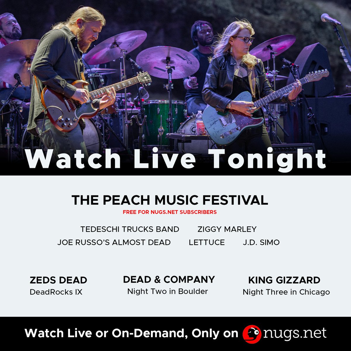 nugsnet's tweet photo. Live today💥 nugs subscribers can catch @DerekAndSusan, @ziggymarley, @RussoAlmostDead, @lettucefunk and more from #ThePeach!  We've also  got @zedsdead at #RedRocksCO, @kinggizzard, and @deadandcompany. 🤩 

Get in on the #livestream action  📺 ➡️  https://t.co/izILQtUnVn https://t.co/jCtNJ6hAd5