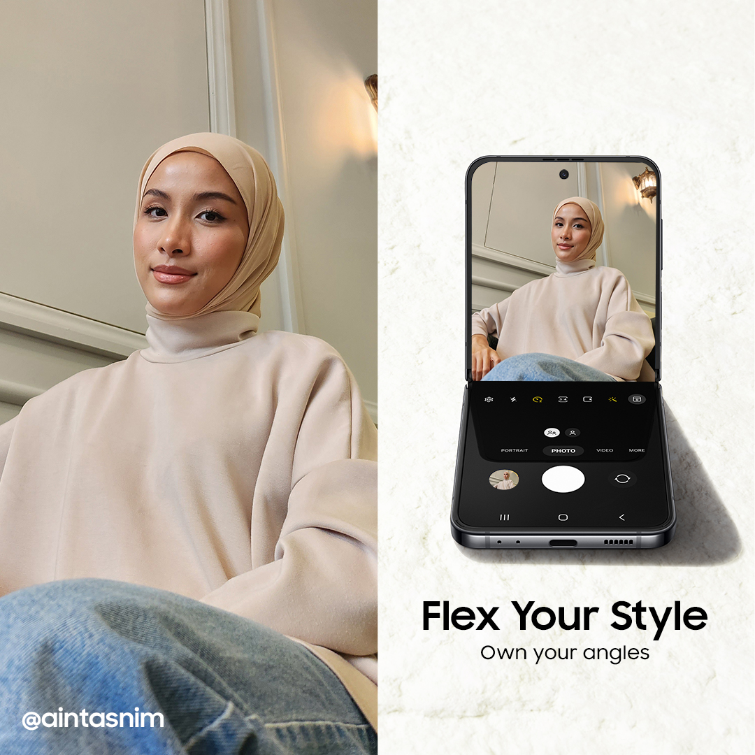 SamsungMalaysia's tweet photo. Ain Tasnim is taking her selfie experience to a whole new angle with the #GalaxyZFlip4!

Register here for the latest news: https://t.co/WsVgDJcHpi

#GalaxyZSeries #FlexBack #FlexEveryAngle https://t.co/Dfvfxcbd8v