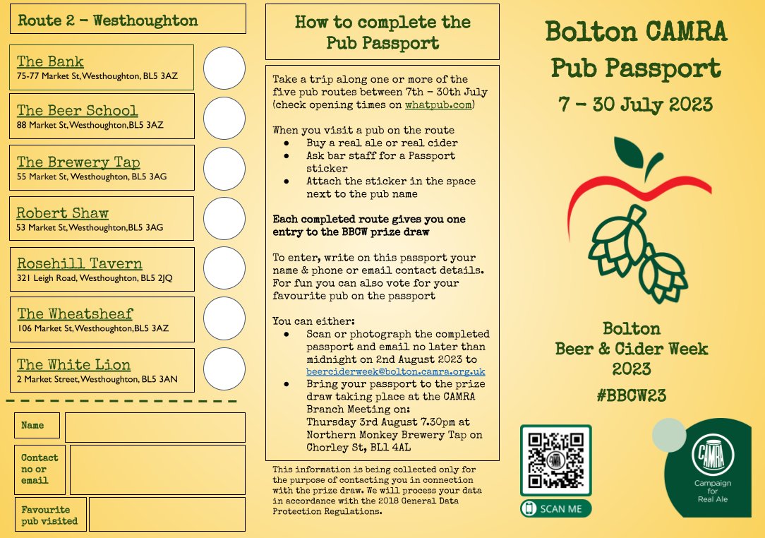 📢 Bolton Beer & Cider Week is nearly here!
To celebrate we are launching our pub passport. 
Travel the routes, collect stickers, maybe win a prize.
Pick one up from participating pubs this week, or download from the website tinyurl.com/ym3c3vxf 
#BBCW23 @beerciderweek #Bolton