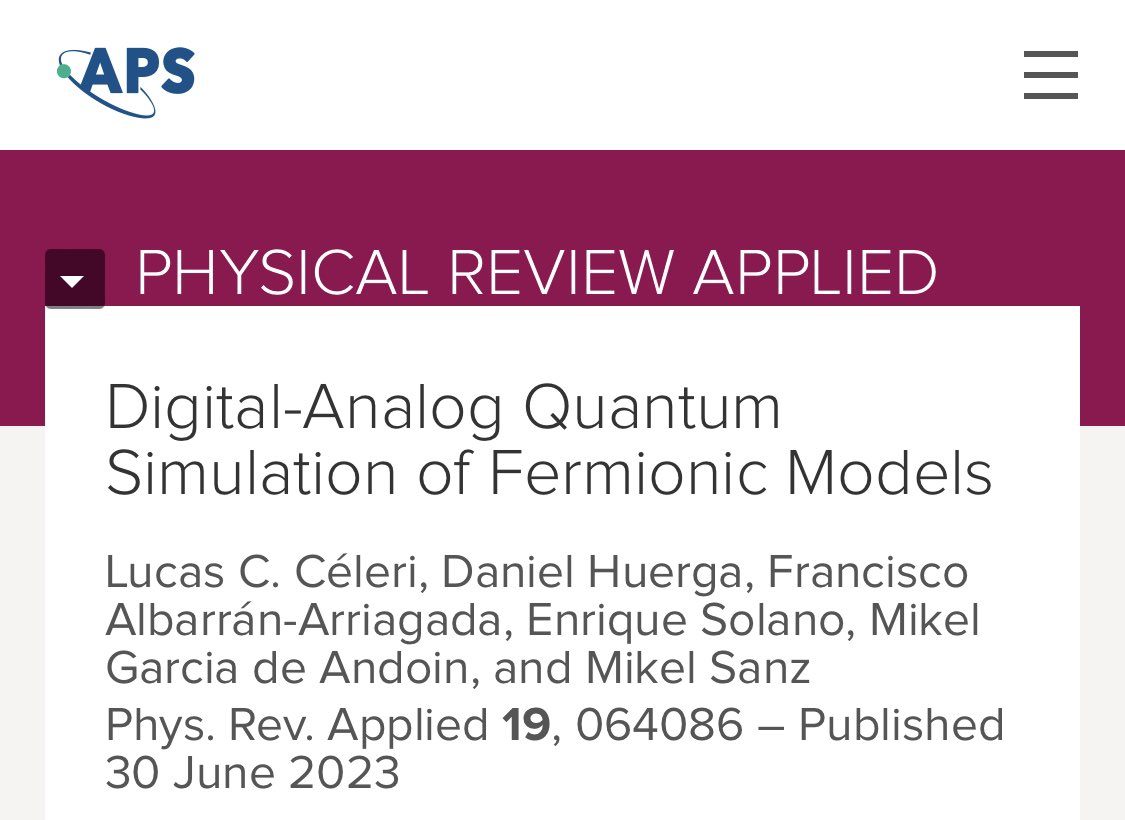 qmisanz's tweet photo. 🚨New paper published in @PhysRevApplied on #DigitalAnalog quantum simulation of fermiónicos models. Thanks to @QPequi @MGarciaDeAndoin @KikeSolanoPhys @AlbarranFco and Daniel Huerga for this nice collaboration @ehuscientia @Ikerbasque @BCAMBilbao @OpenSuperQPlus https://t.co/AA9l5j4i3t