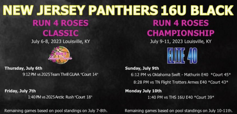 Gianna Modica (@giannamodica02) on Twitter photo So excited to play in Kentucky with my team. Here is the 16u Black Schedule. Ready to #earnit <a href="/CoachJordanNJP/">Jordan Stites</a> <a href="/nj_panthers/">NJ Panthers</a> <a href="/CoachZ_NJP/">Zakiya Beckles MAT, LAT, ATC</a> <a href="/CoachCorisdeo/">Geoffrey Corisdeo</a> So excited to play in Kentucky with my team. Here is the 16u Black Schedule. Ready to #earnit <a href="/CoachJordanNJP/">Jordan Stites</a> <a href="/nj_panthers/">NJ Panthers</a> <a href="/CoachZ_NJP/">Zakiya Beckles MAT, LAT, ATC</a> <a href="/CoachCorisdeo/">Geoffrey Corisdeo</a>
