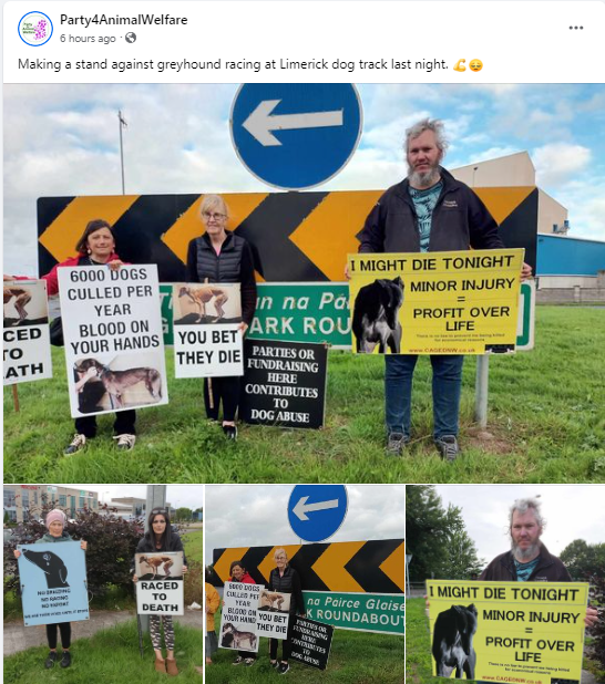 PartyForAnimalWelfare (@animalpartyie) on Twitter photo Making a stand against greyhound racing at #Limerick dog track last night. 💪😔
#BanGreyhoundRacing
#YouBetTheyDie
#DefundGreyhoundRacing
6,000 dogs culled per year blood on your hands <a href="/LimerickCouncil/">Limerick Council - Comhairle Luimnigh</a> <a href="/fiannafailparty/">Fianna Fáil</a> <a href="/FineGael/">Fine Gael</a> <a href="/greenparty_ie/">Green Party Ireland</a> .
<a href="/OireachtasNews/">Houses of the Oireachtas - Tithe an Oireachtais</a> Making a stand against greyhound racing at #Limerick dog track last night. 💪😔
#BanGreyhoundRacing
#YouBetTheyDie
#DefundGreyhoundRacing
6,000 dogs culled per year blood on your hands <a href="/LimerickCouncil/">Limerick Council - Comhairle Luimnigh</a> <a href="/fiannafailparty/">Fianna Fáil</a> <a href="/FineGael/">Fine Gael</a> <a href="/greenparty_ie/">Green Party Ireland</a> .
<a href="/OireachtasNews/">Houses of the Oireachtas - Tithe an Oireachtais</a>