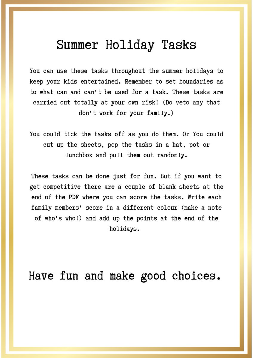 jo_sintonhewitt's tweet image. So I did a thing. I&apos;ve written a few @taskmaster summer holiday tasks you might want to do with your children over the summer (or even on the coming strike days). They&apos;re all designed  that they should be low effort for you but will hopefully keep the kids happy! 💌  #taskmaster