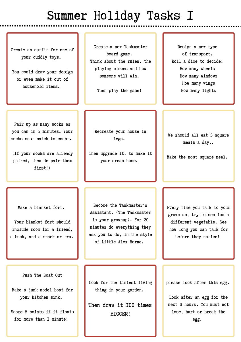 jo_sintonhewitt's tweet image. So I did a thing. I&apos;ve written a few @taskmaster summer holiday tasks you might want to do with your children over the summer (or even on the coming strike days). They&apos;re all designed  that they should be low effort for you but will hopefully keep the kids happy! 💌  #taskmaster