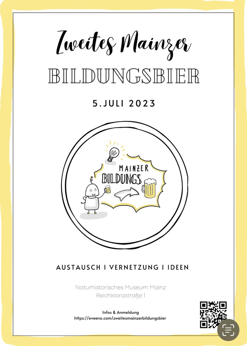 Zweites #MainzerBildungsbier In drei Tagen ist es soweit! Wir sehen uns am 5.7. „nachts im Museum“ :) Kurzentschlossene können sich noch anmelden eveeno.com/de/booking-rep… Wir freuen uns auf euch #twlz #edurlp #rlpedu #edubw #hessenedu #EduRheinNeckar #Bildung #Schule #Lernen