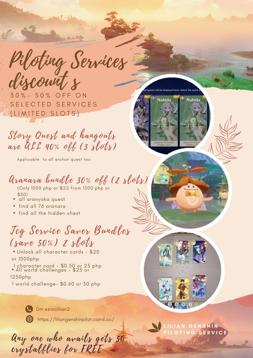 hutaopiloting's tweet photo. 🏖Summer Special Discounts 🏖

Summer this year is a blast  and to celebrate my piloting service is offering a Big discount this Summer ! Check it out below or DM me! (This offer will be available until 7/31/23)

( lf wts lfb ph #genshinpilotingservice #genshintwt #genshinpilot) https://t.co/wEZClumAnu