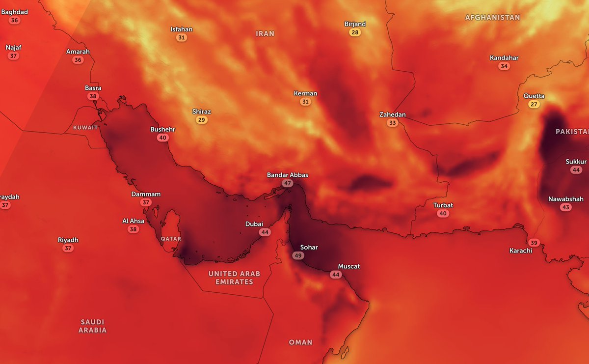 The already uninhabitable Earth. Today, Zabol in Iran recorded the highest temperature on Earth at 49.6C. The whole Middle East region is experiencing extreme heat, making working outside during the day impossible. Living without air con. in such conditions is nearly impossible.